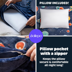 Durable outer polyester shell of Bollepo space sleeping bag for kids.
