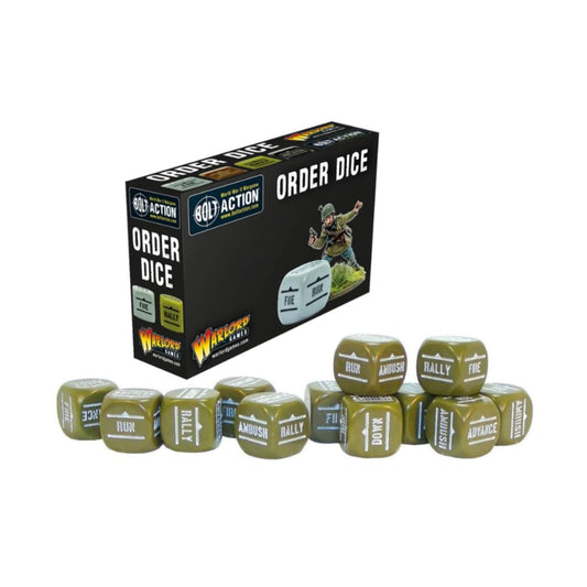 Bolt Action olive drab order dice for clear activation tracking in Bolt Action battles.