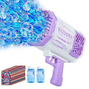BOMOCO Bubble Gun with 69 holes releasing bubbles outdoors.