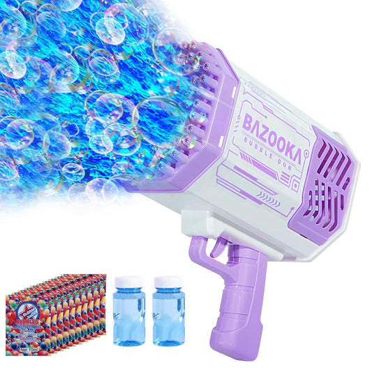 BOMOCO Bubble Gun with 69 holes releasing bubbles outdoors.
