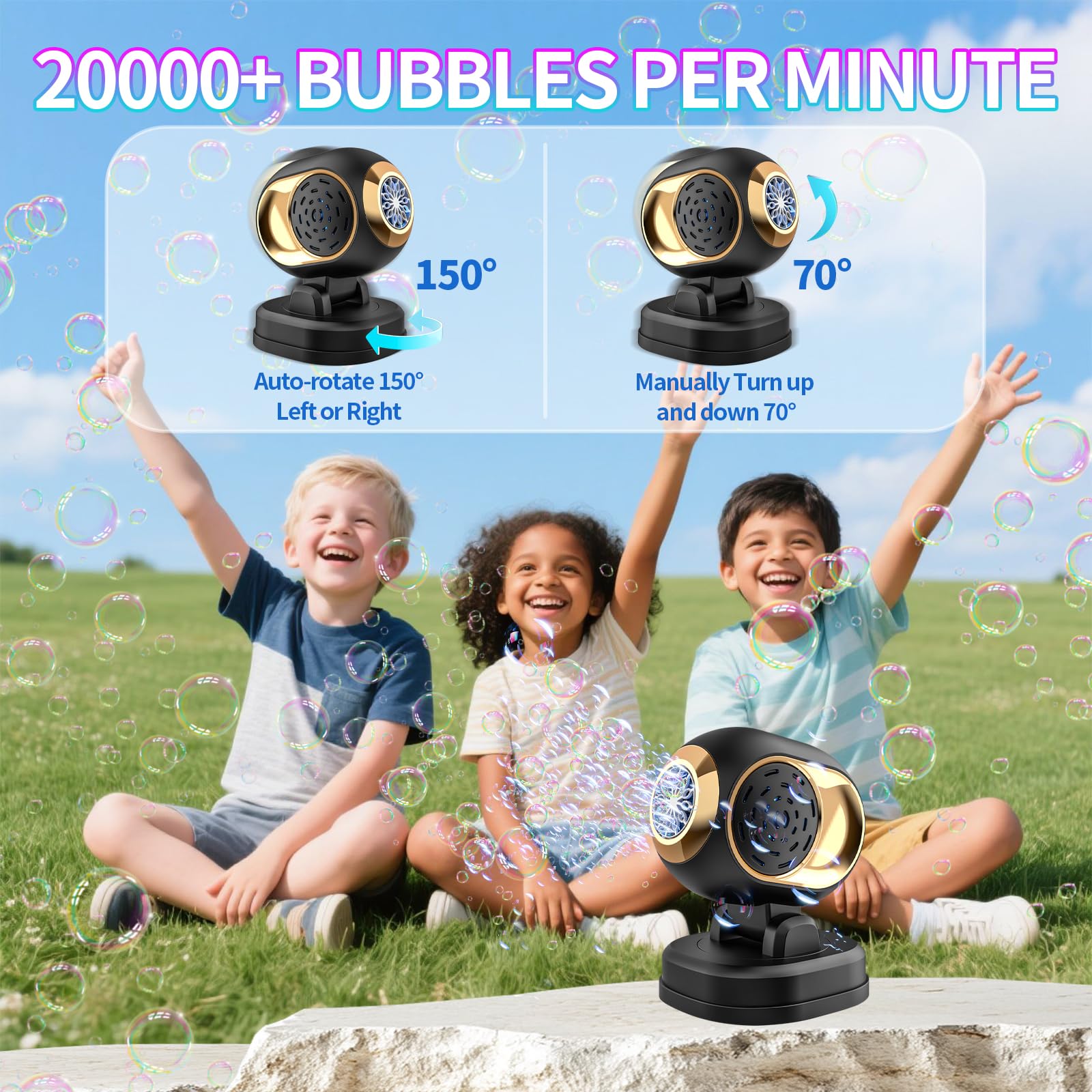 150-degree auto-rotating head distributes bubbles widely across the room.