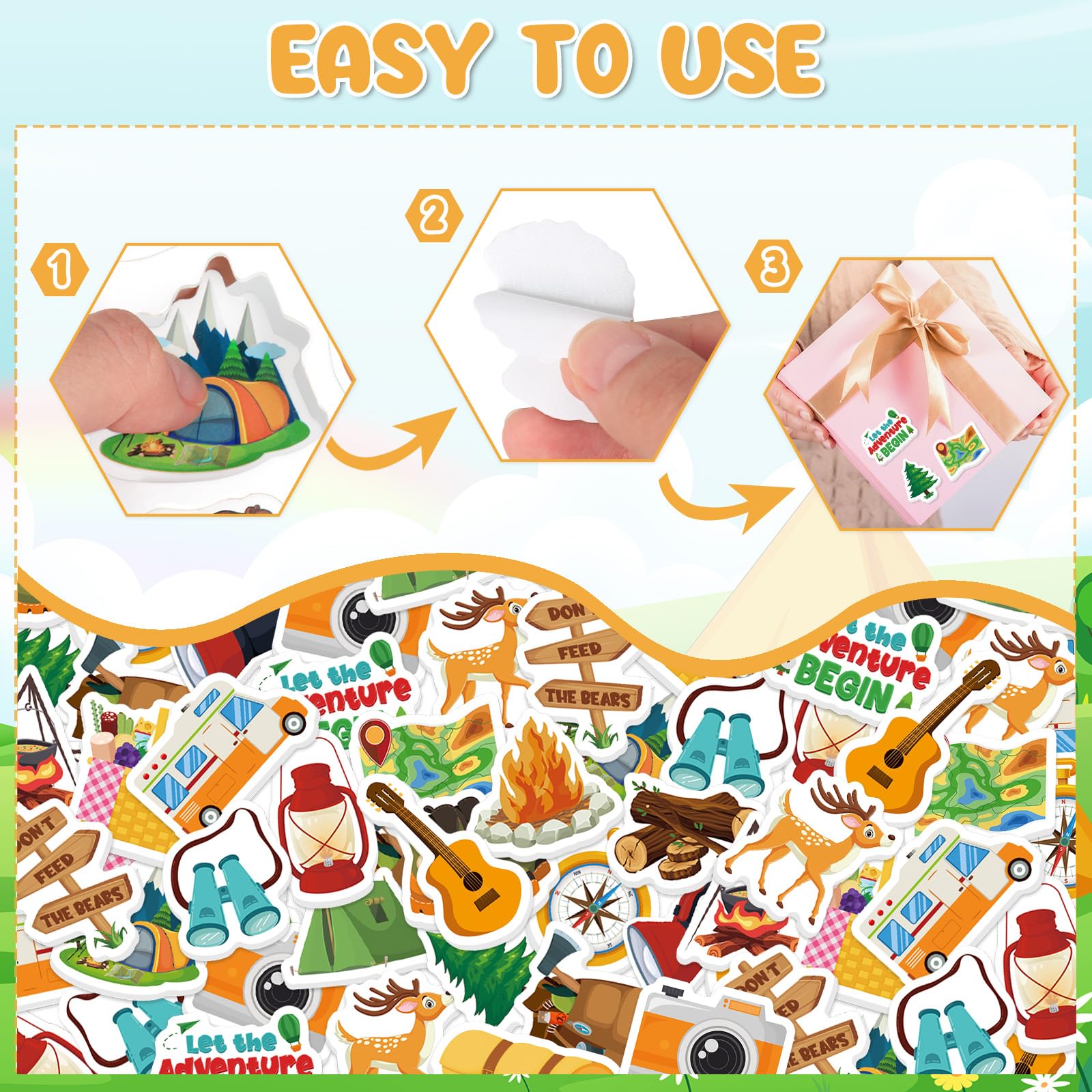 Bonieset outdoor adventure sticker pack for cards, journals, and party decor.