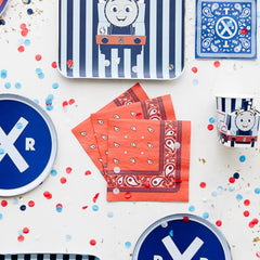 Bonjour Fete napkins close-up red pattern highlighting train theme