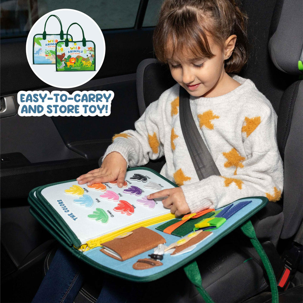 BONNYCO Busy Board closures and zipper panel builds fine motor skills and independence.