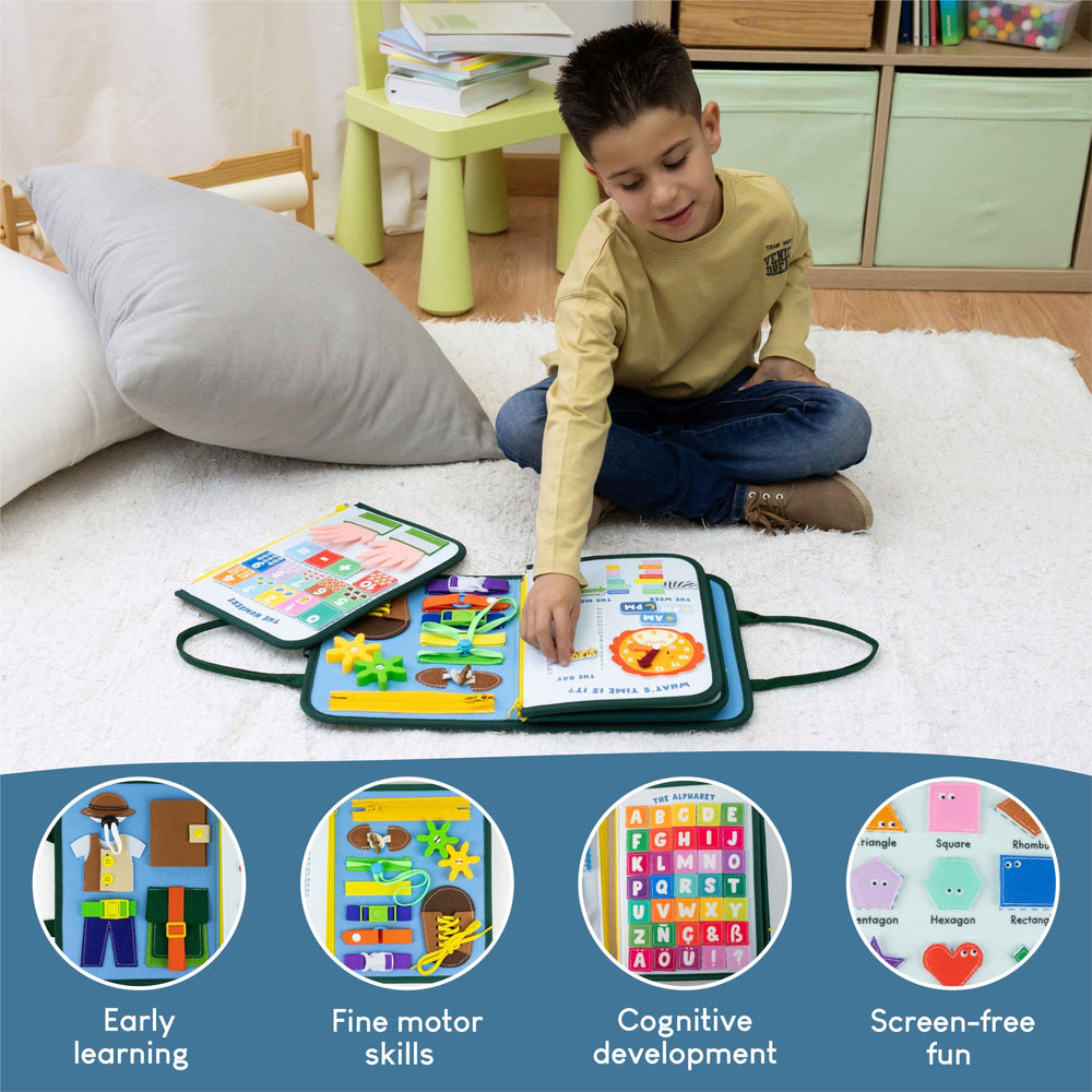 BONNYCO Busy Board soft felt materials provide safe, gentle play for little hands.