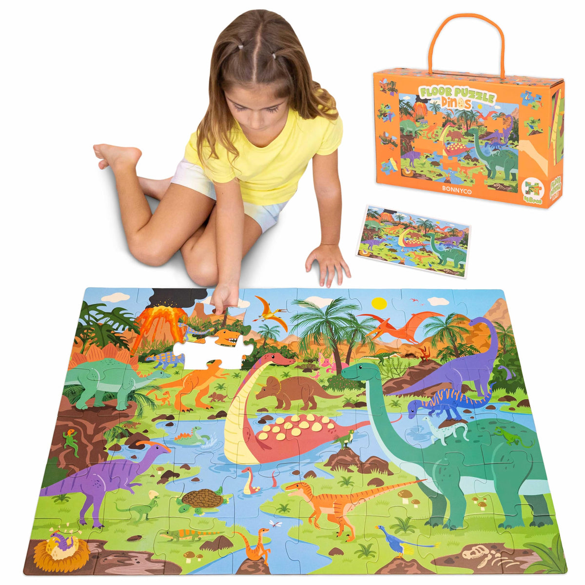 BONNYCO giant floor puzzle with dinosaur scene for collaborative family play.