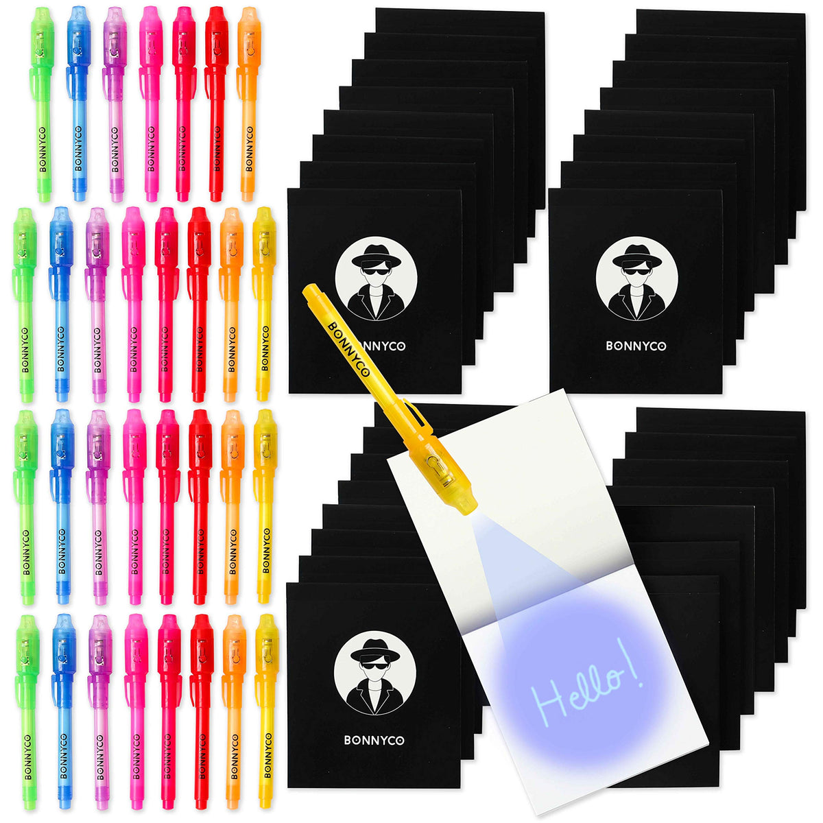 Bonnyco invisible ink pen pack with UV light reveals hidden messages for kid-friendly spy games.