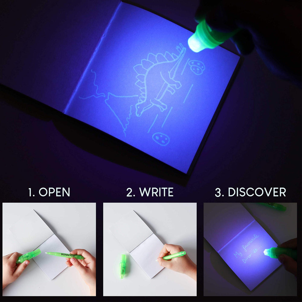 BONNYCO invisible ink pen UV light closeup reveals secret messages