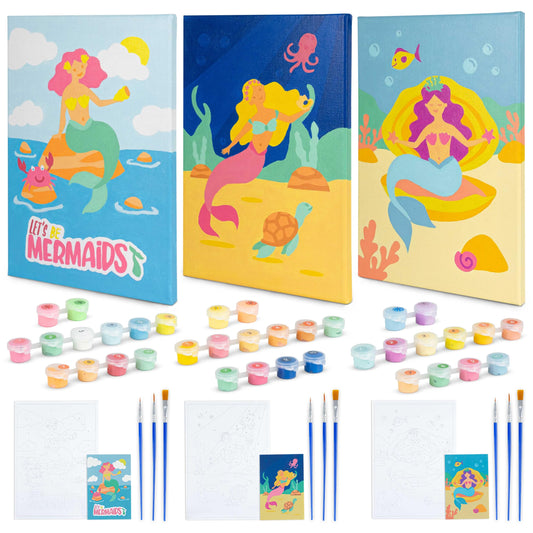 BONNYCO Mermaid Paint by Numbers Pack shows three ready-to-frame mermaid canvases.