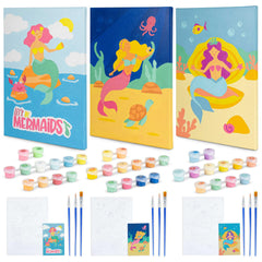 BONNYCO Mermaid Paint by Numbers Pack shows three ready-to-frame mermaid canvases.