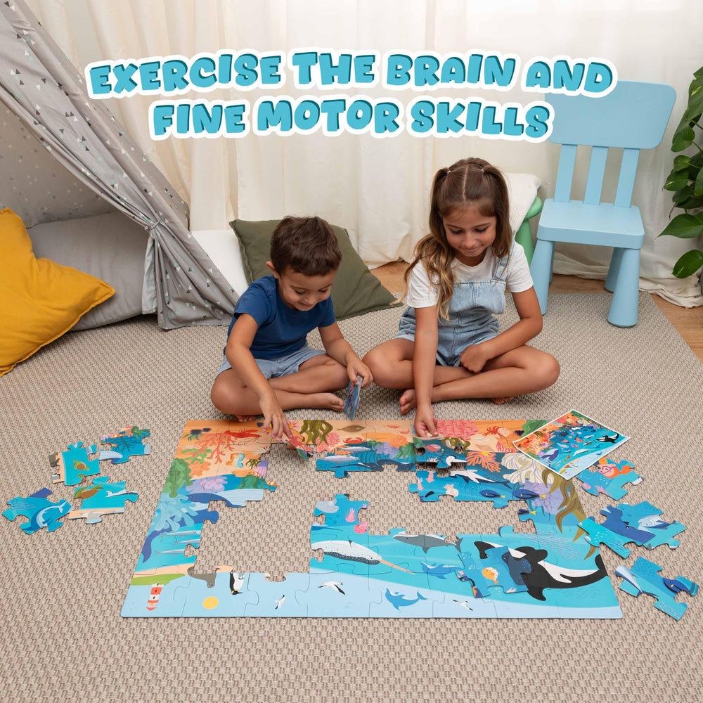 BONNYCO screen-free activity promotes family interaction around a vibrant sea scene.