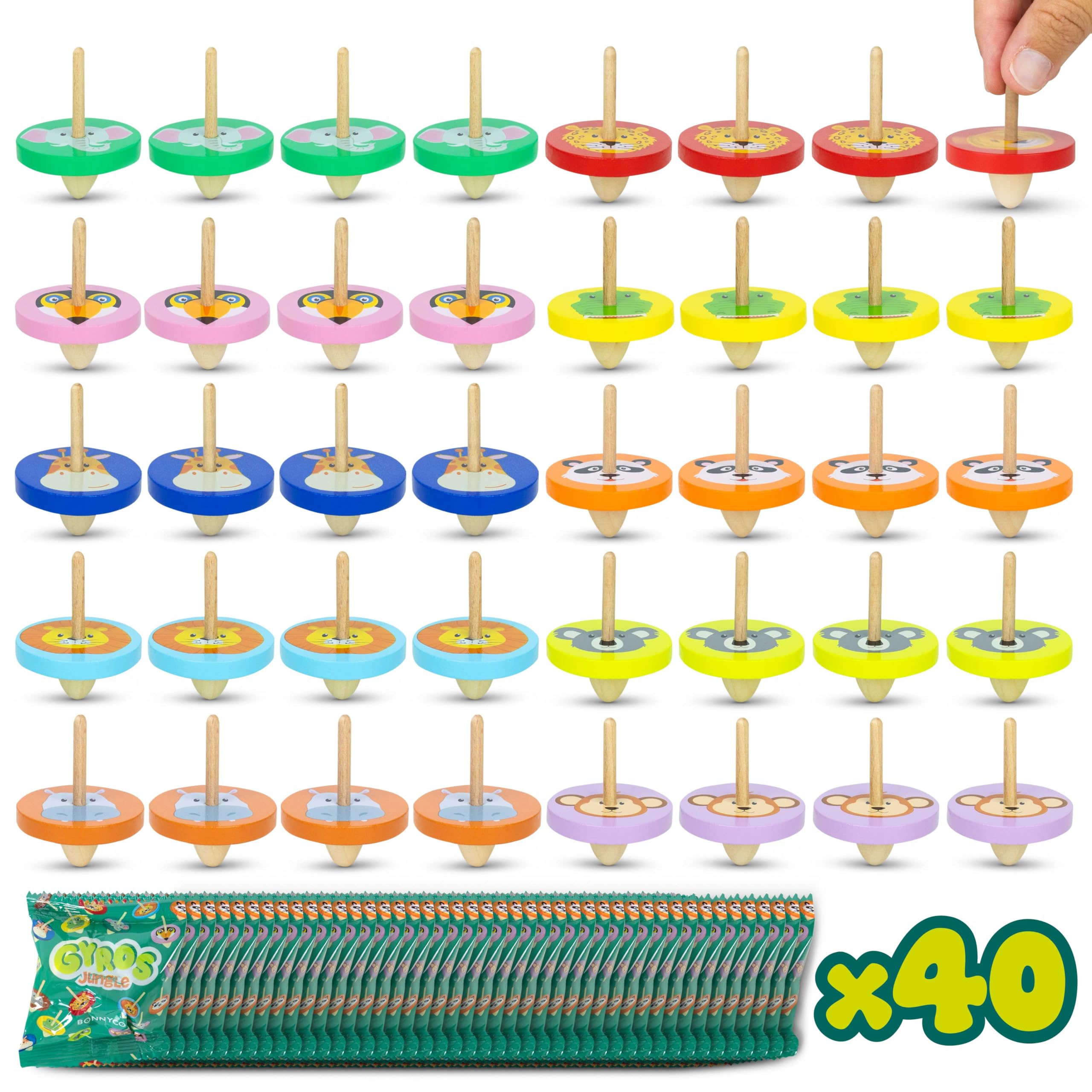 BONNYCO Jungle pack wood spinning tops for screen free play and party fun