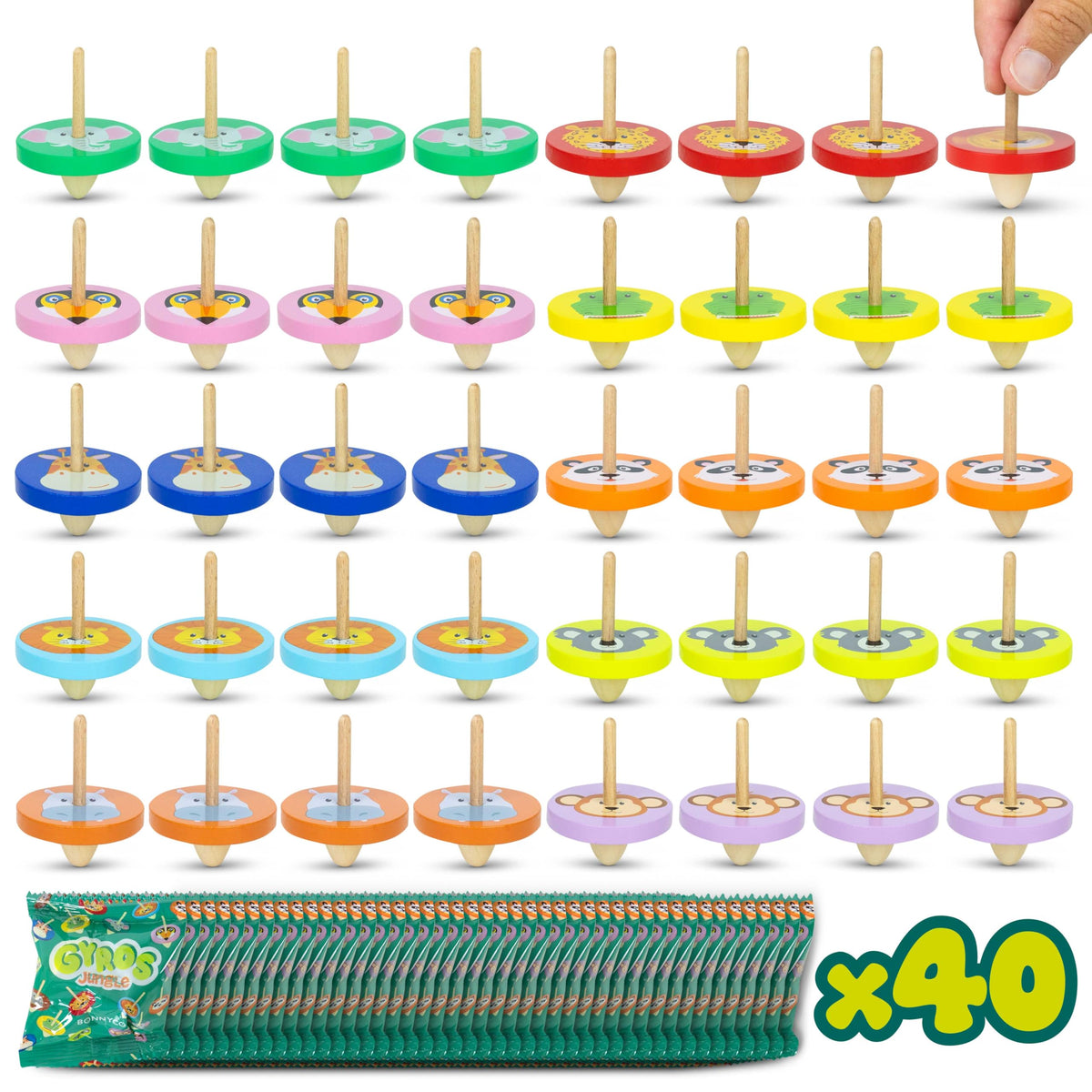 BONNYCO Jungle pack wood spinning tops for screen free play and party fun