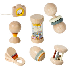 BONOVISTA wooden baby rattle set with natural finish for tactile exploration.