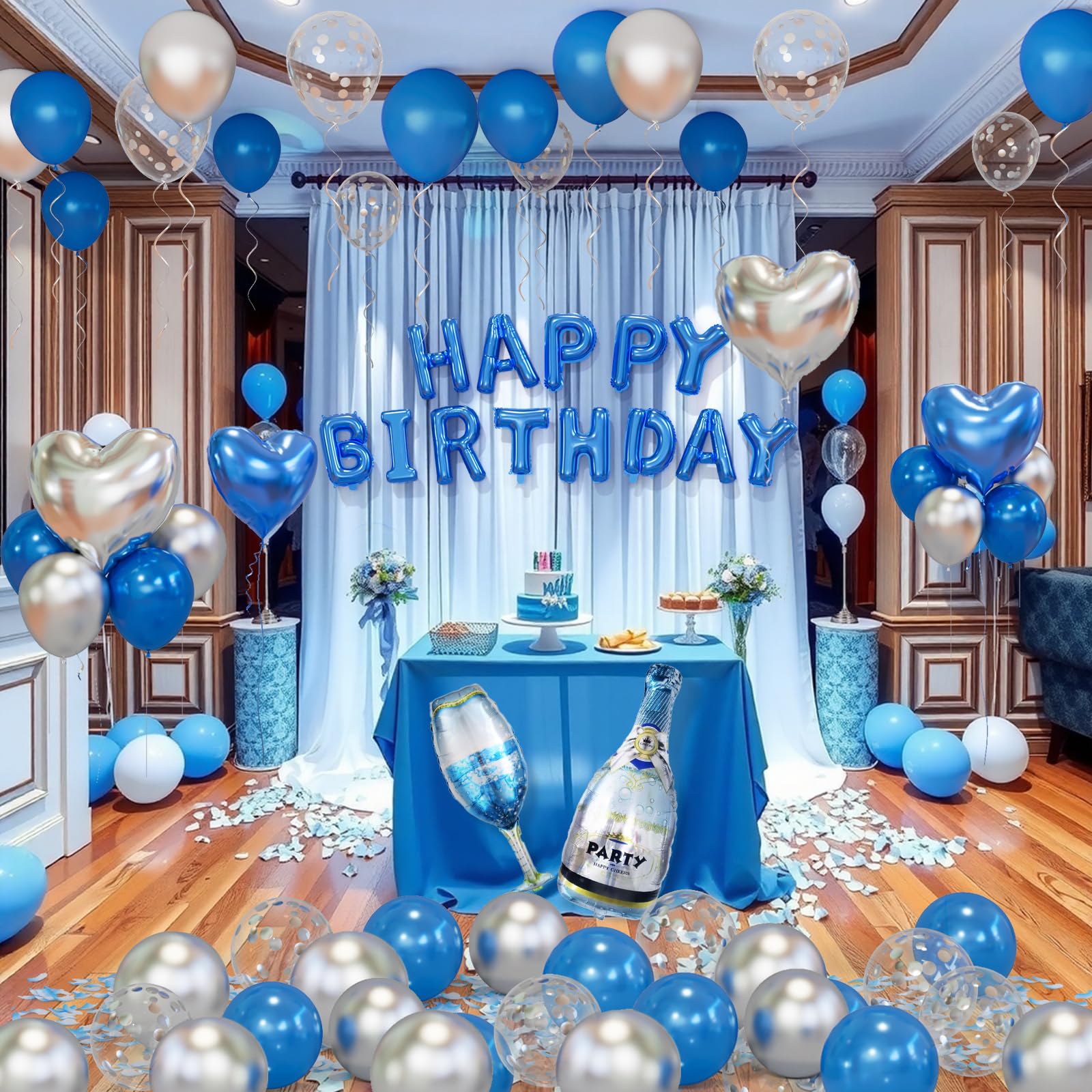 Bonropin blue heart foil balloon set provides striking ceiling accent