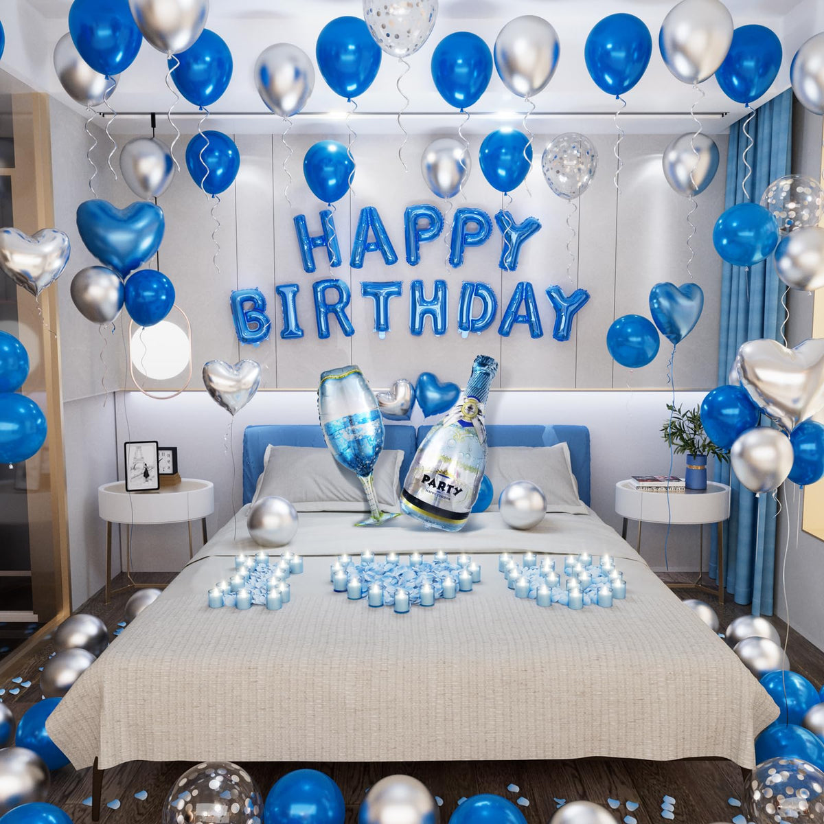 Bonropin blue and silver birthday banner for stylish room backdrop and photos