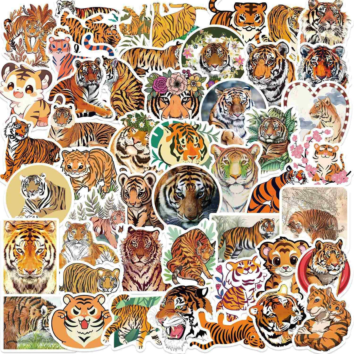 Booppyy tiger stickers pack collection for cute, durable decor on notebooks and bottles.