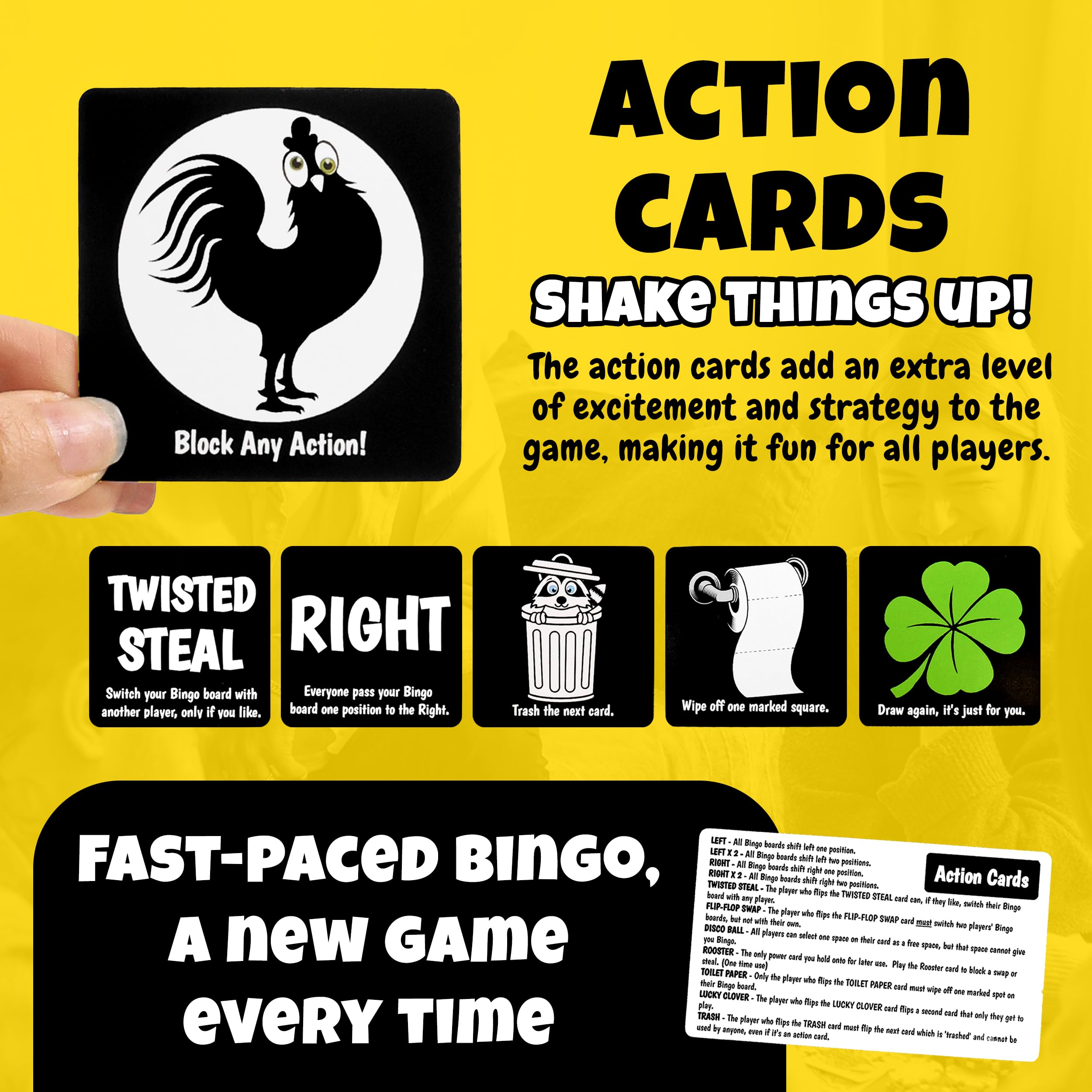 Boozie Bingo with a Twist action cards shown for block, swap, and steal options.