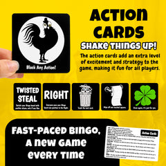 Boozie Bingo with a Twist action cards shown for block, swap, and steal options.