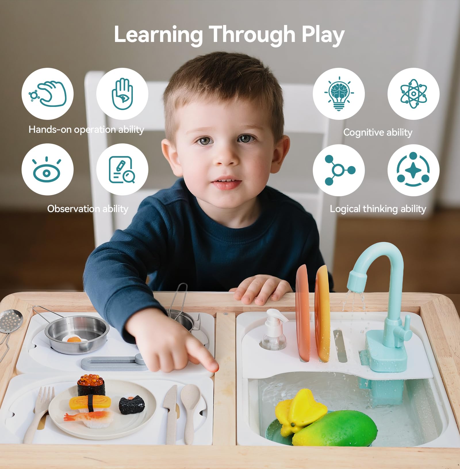 bopoobo Organized Shelving for Kitchen Play: keeps pretend kitchen tidy during water exploration