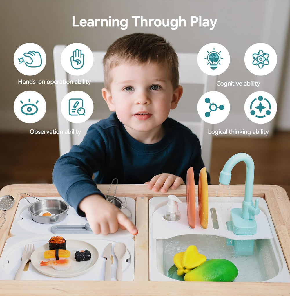 bopoobo Organized Shelving for Kitchen Play: keeps pretend kitchen tidy during water exploration