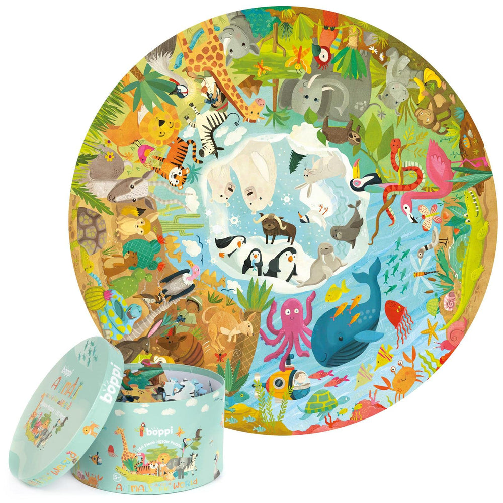 Boppi Animal Puzzle box shows a sturdy round container for easy storage and gifting.
