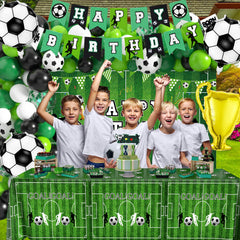 BORAMDO Balloon Set with latex and foil creates a lively soccer-themed display for a party centerpiece.