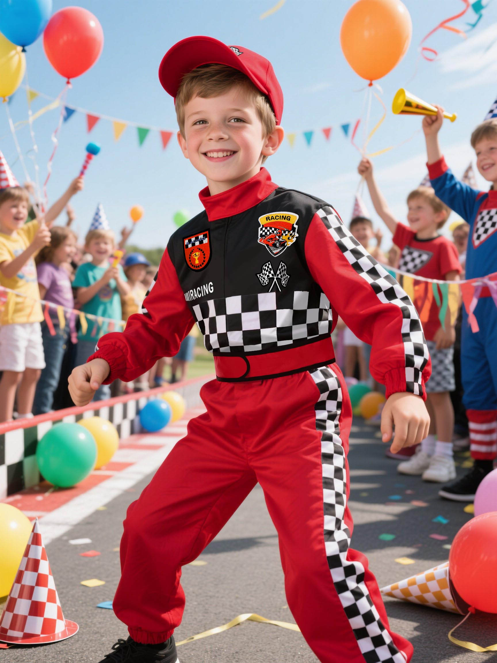 Bordazor checkered design accents racer costume with bold visual appeal