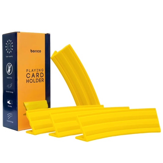 BORICO yellow card holder with a slanted design hiding cards from opponents