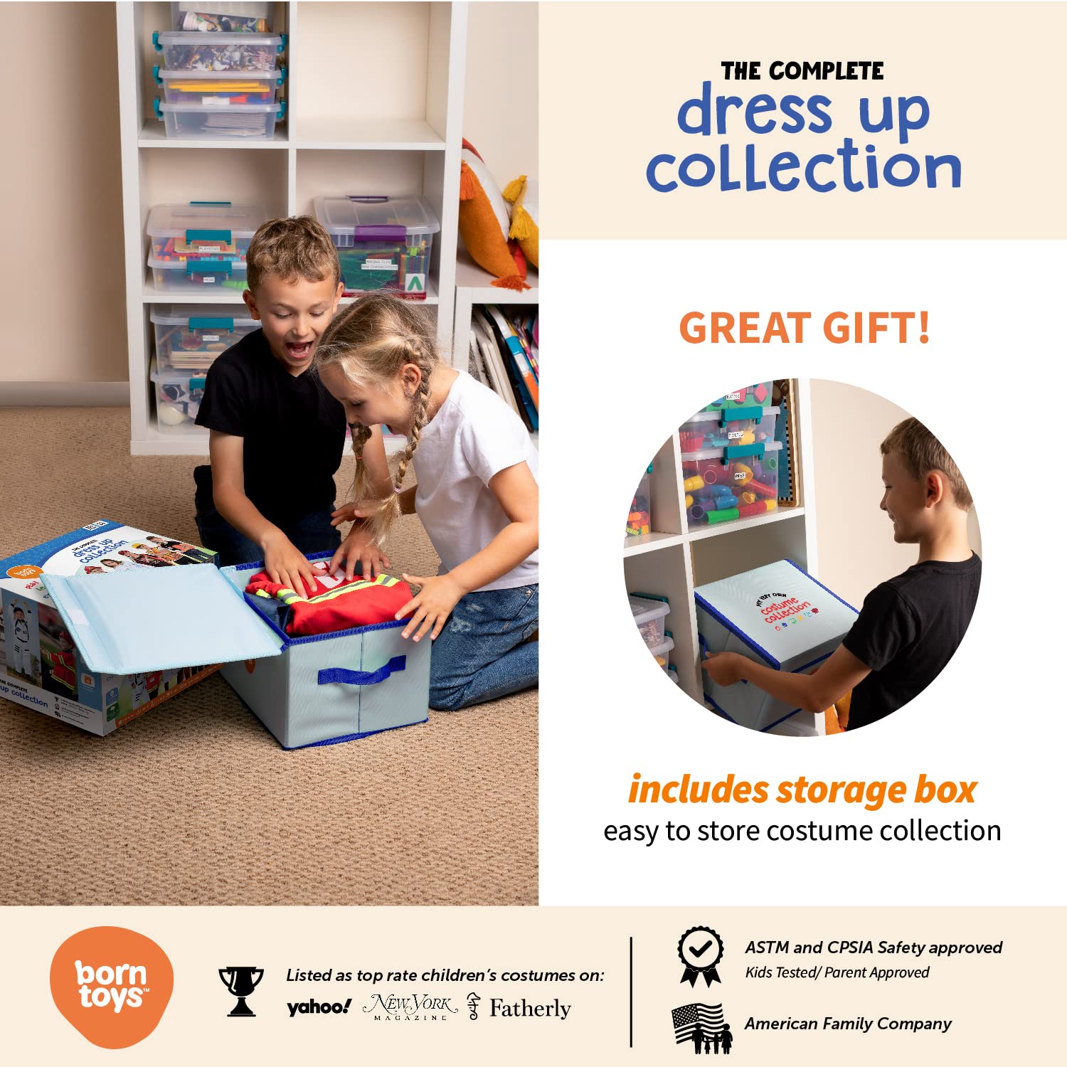 Born Toys light-blue storage box keeps costumes organized and portable