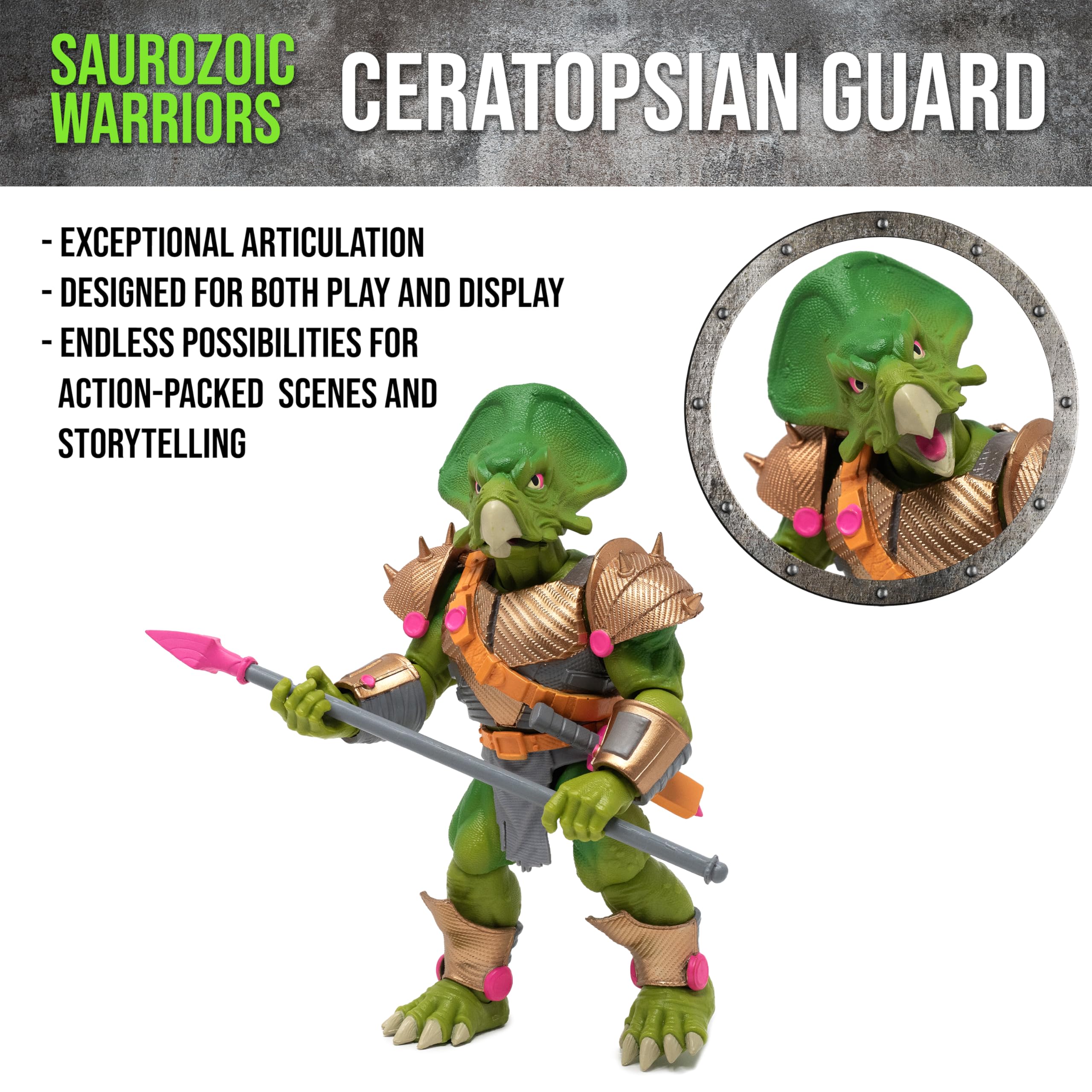 Ceratopsian Guard blaster pistol accessory enhances play options from Boss Fight Studio