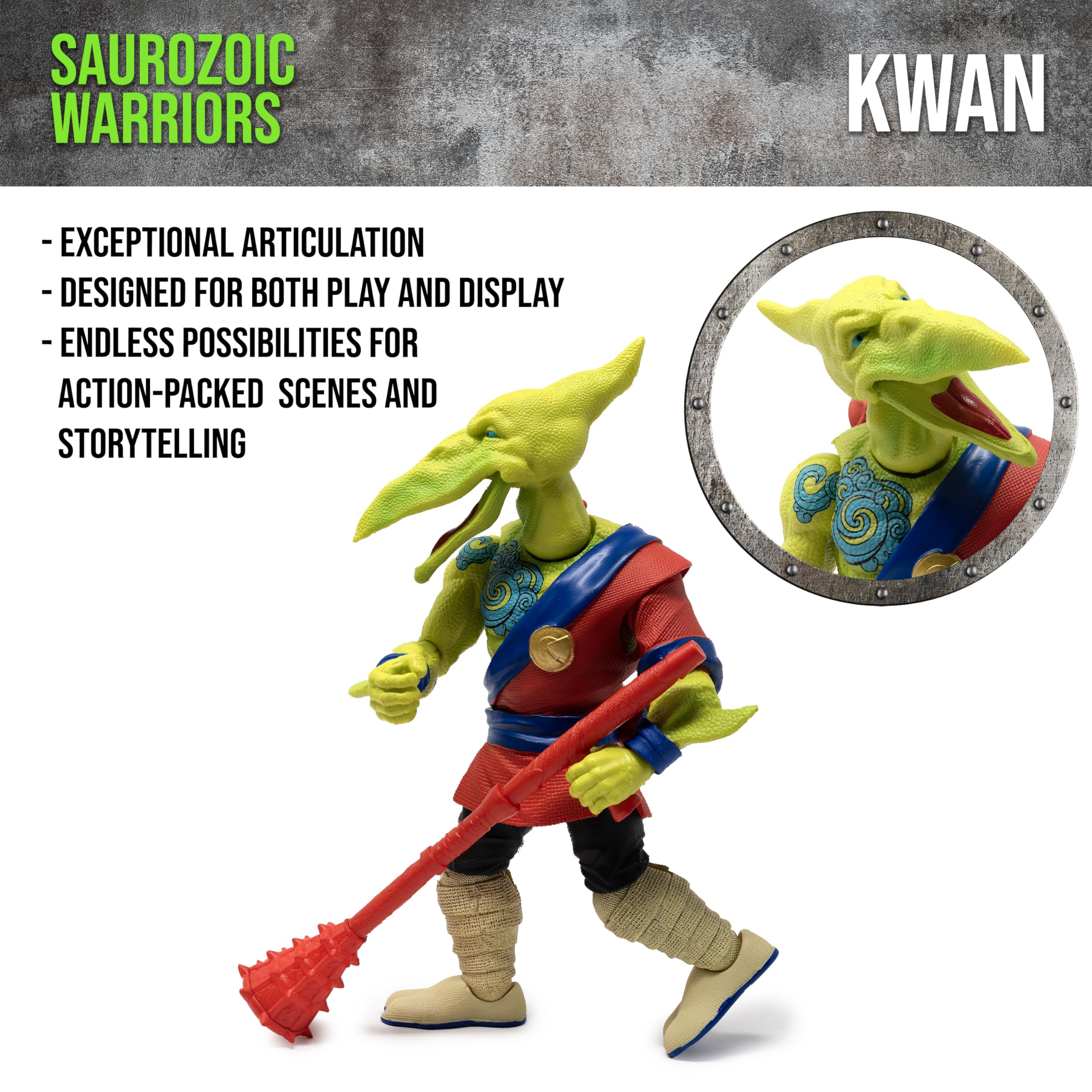 Boss Fight Studio Saurozoic Warrior Fae Kwan close-up shows armor detailing and poseability