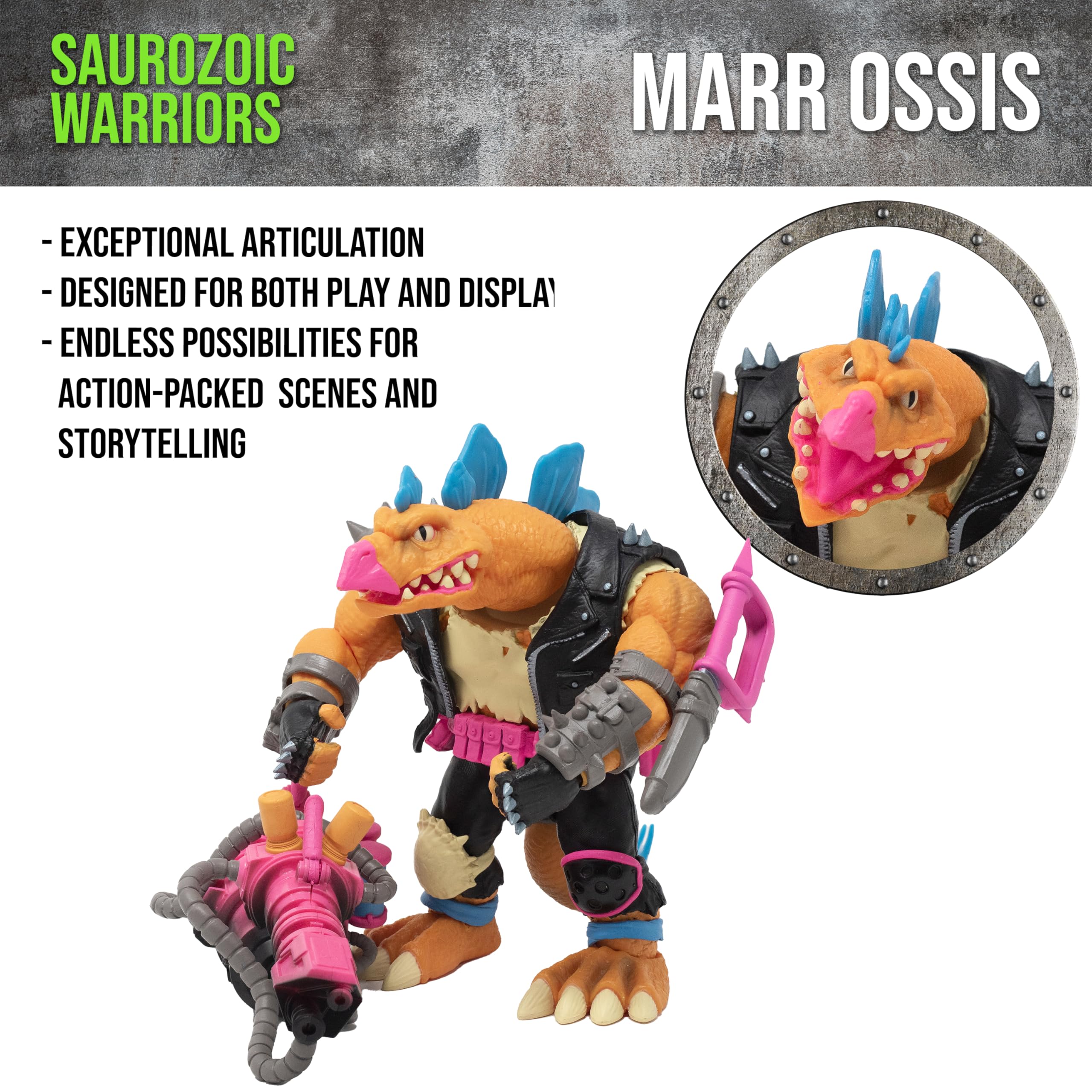 Included mega-blaster and knife accessories enable versatile play scenarios