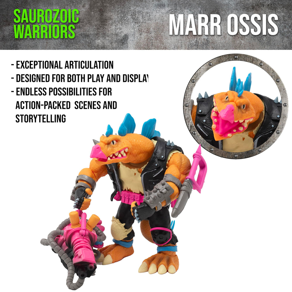 Included mega-blaster and knife accessories enable versatile play scenarios