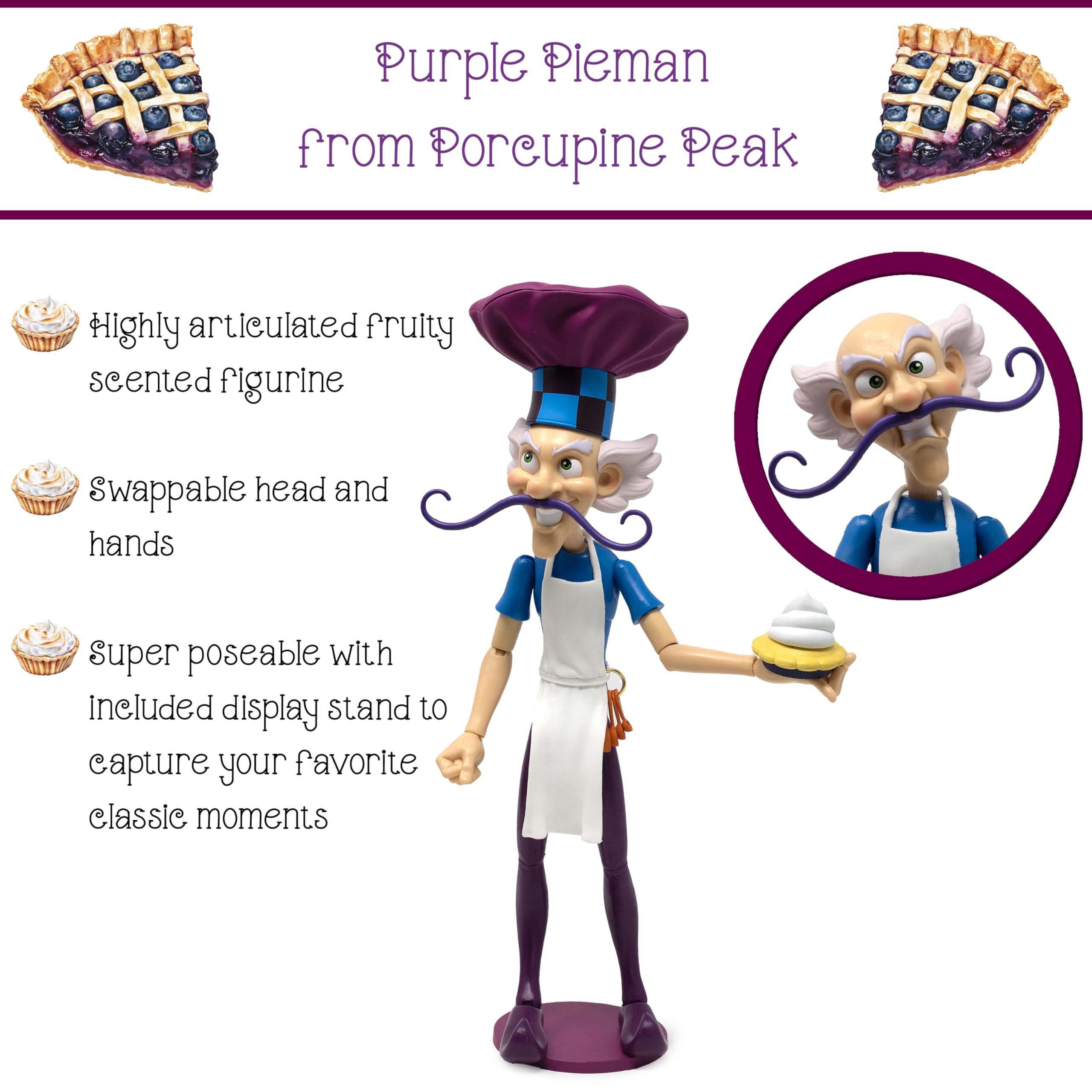 Measuring spoons and three pies enhance scene-building for the figure.