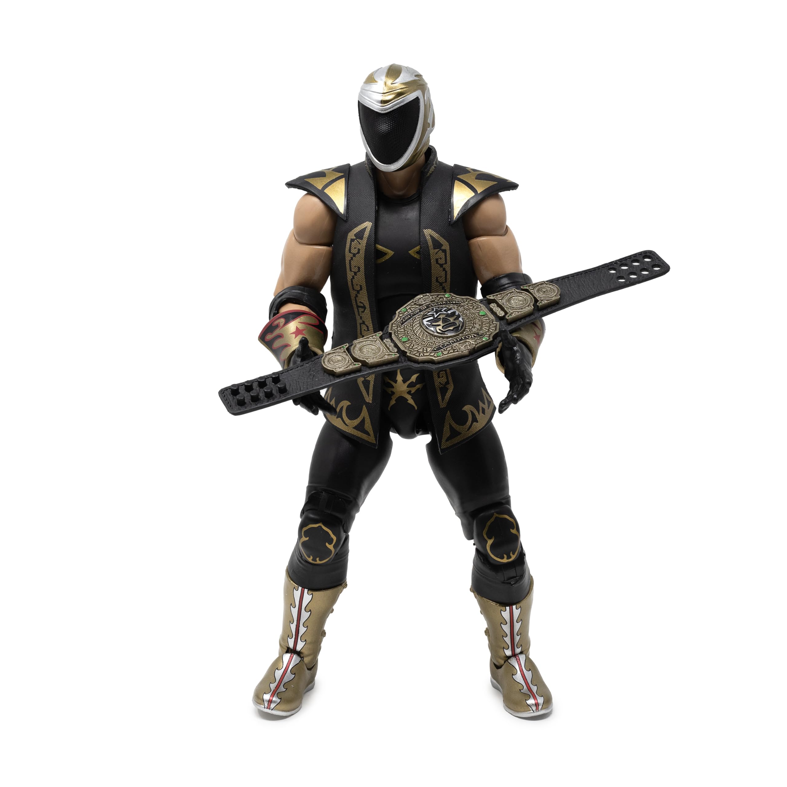 Tinieblas Jr black and gold entrance gear catches light for shelf display