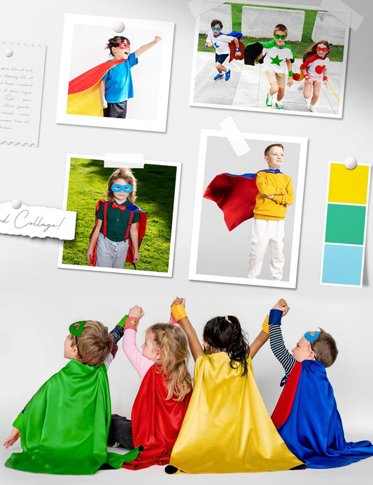 Bosvin double-sided blue superhero cape, back view, reveals dual designs.