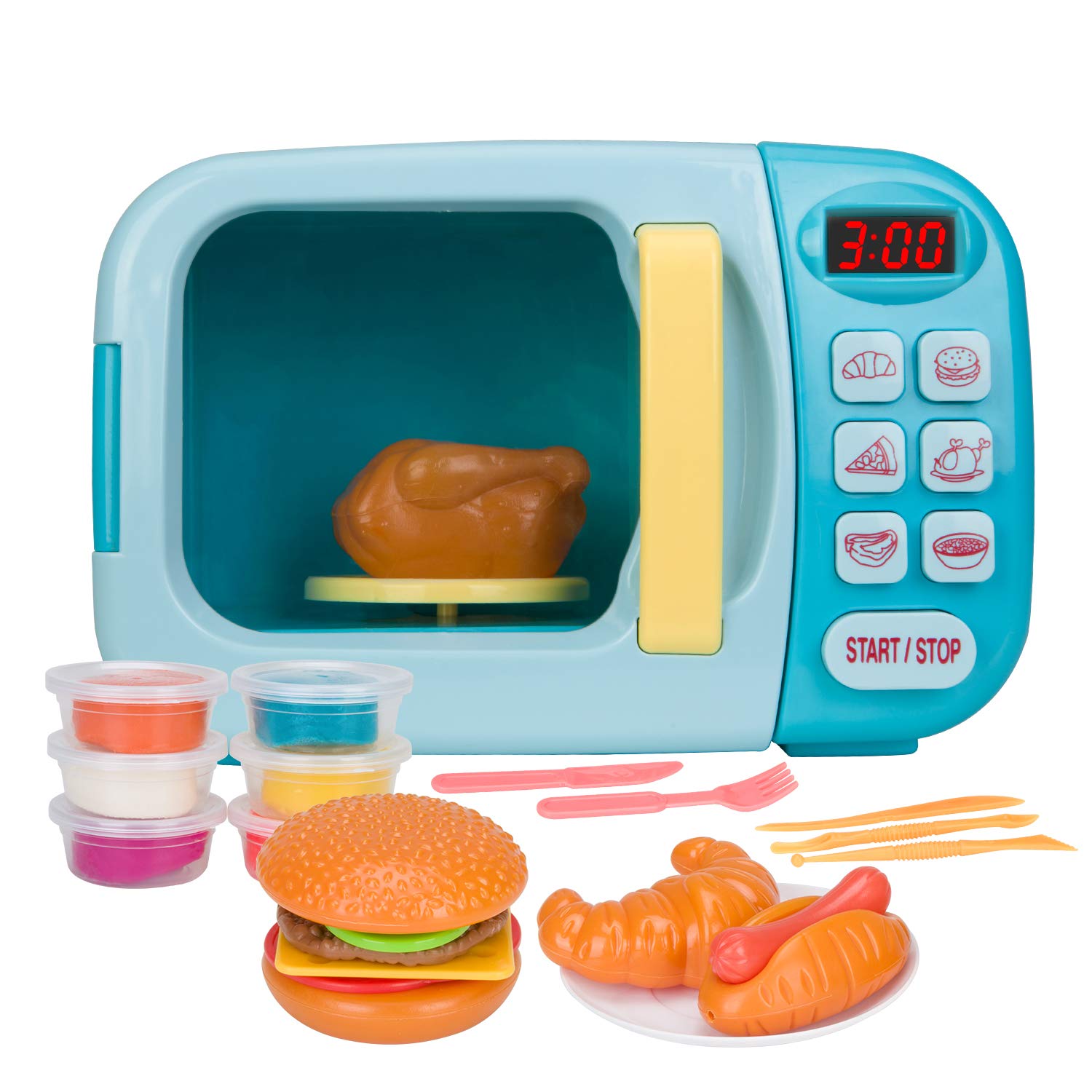 BoterLun microwave toy oven blue with lights and sounds for imaginative play.