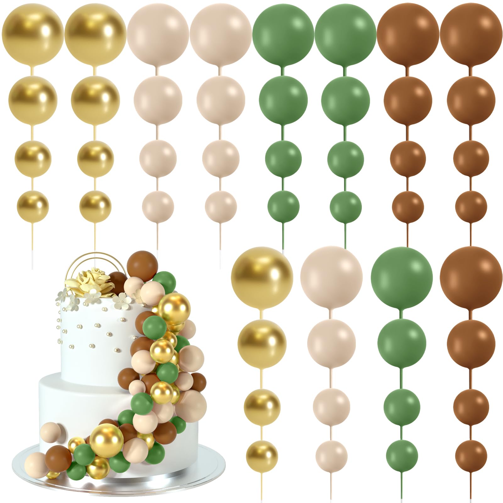 BOUBONI ball toppers in green, brown, white, and gold for versatile cake decorating