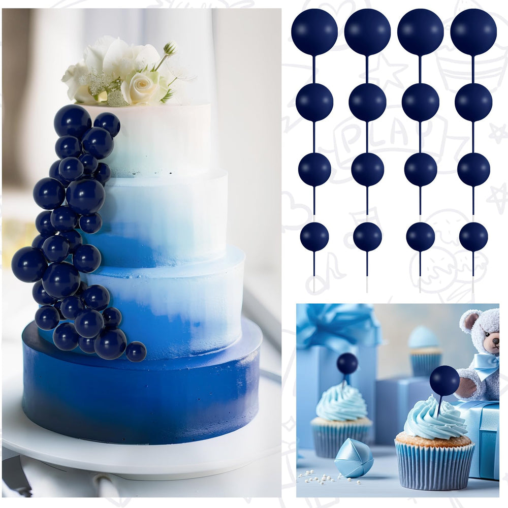 BOUBONI blue ball toppers on birthday cake for festive party styling.