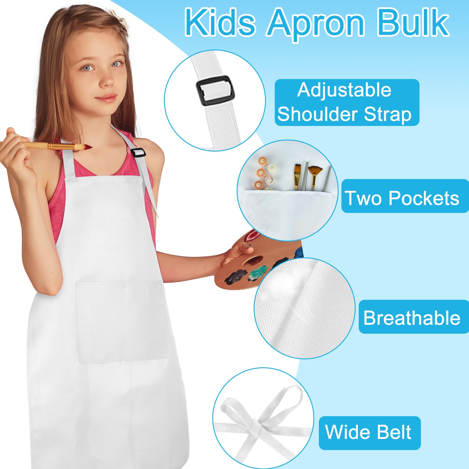 BOUBONI two-pockets kids apron keeps brushes and pencils handy during crafts.