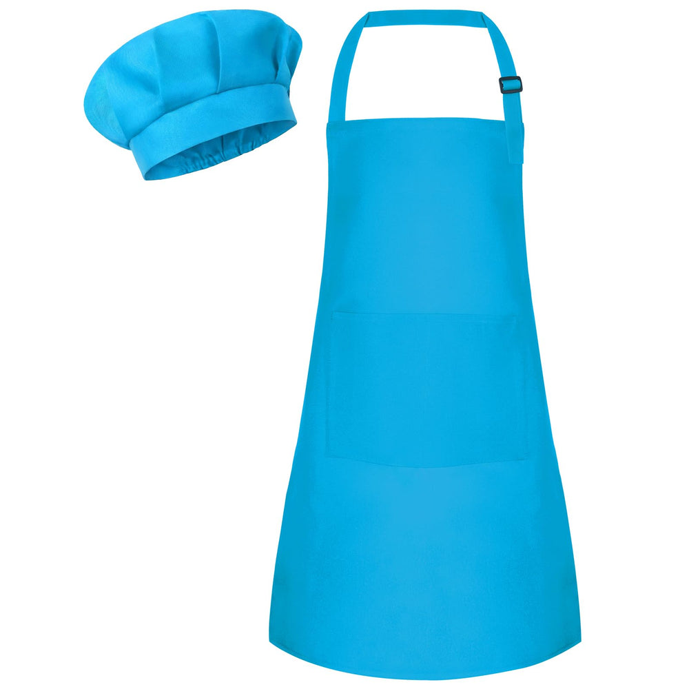Bouiexye kids apron in blue with two pockets for easy cooking or painting activities.