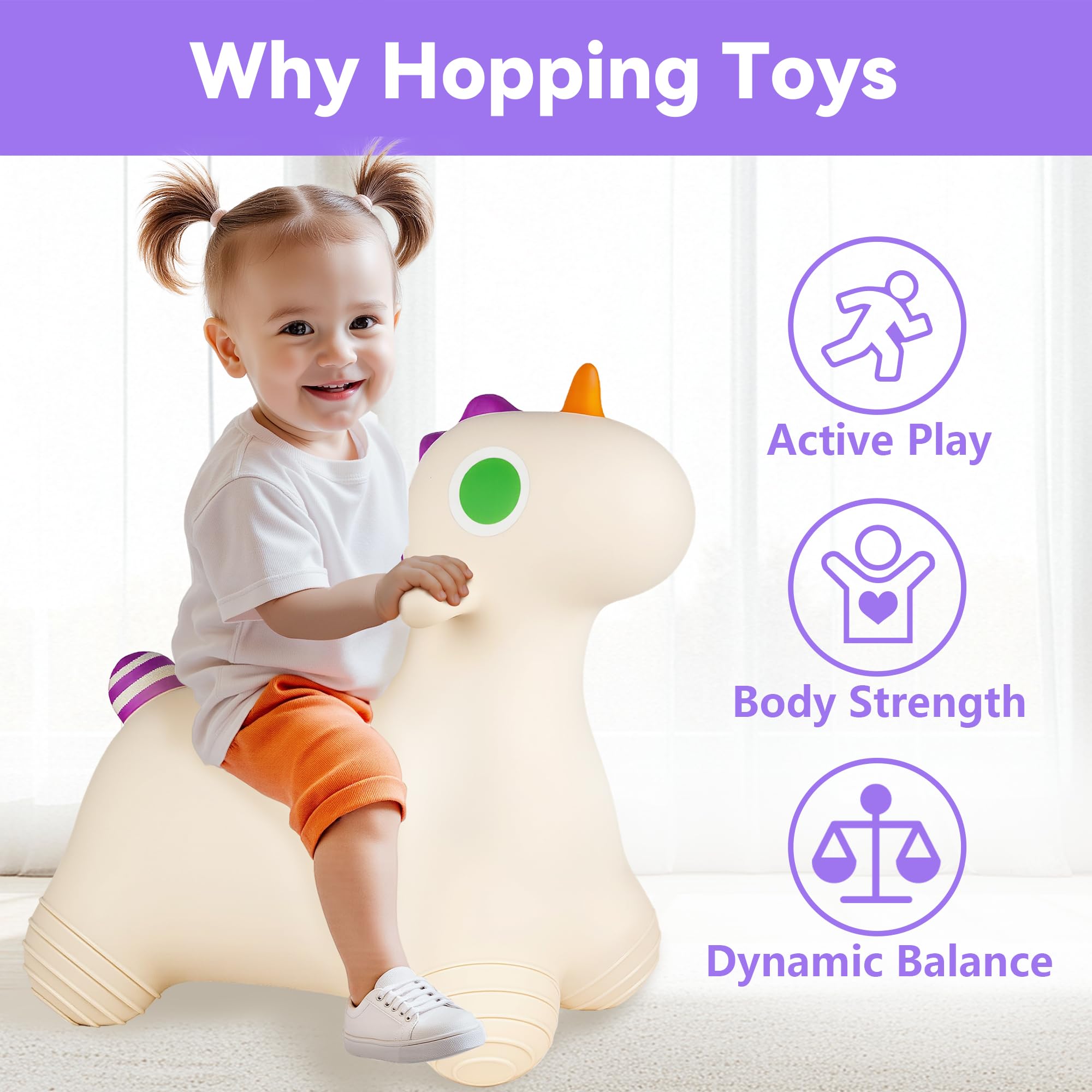 Bouncy Pals Unicorn Hopping Horse side view highlights sturdy handles for beginners.