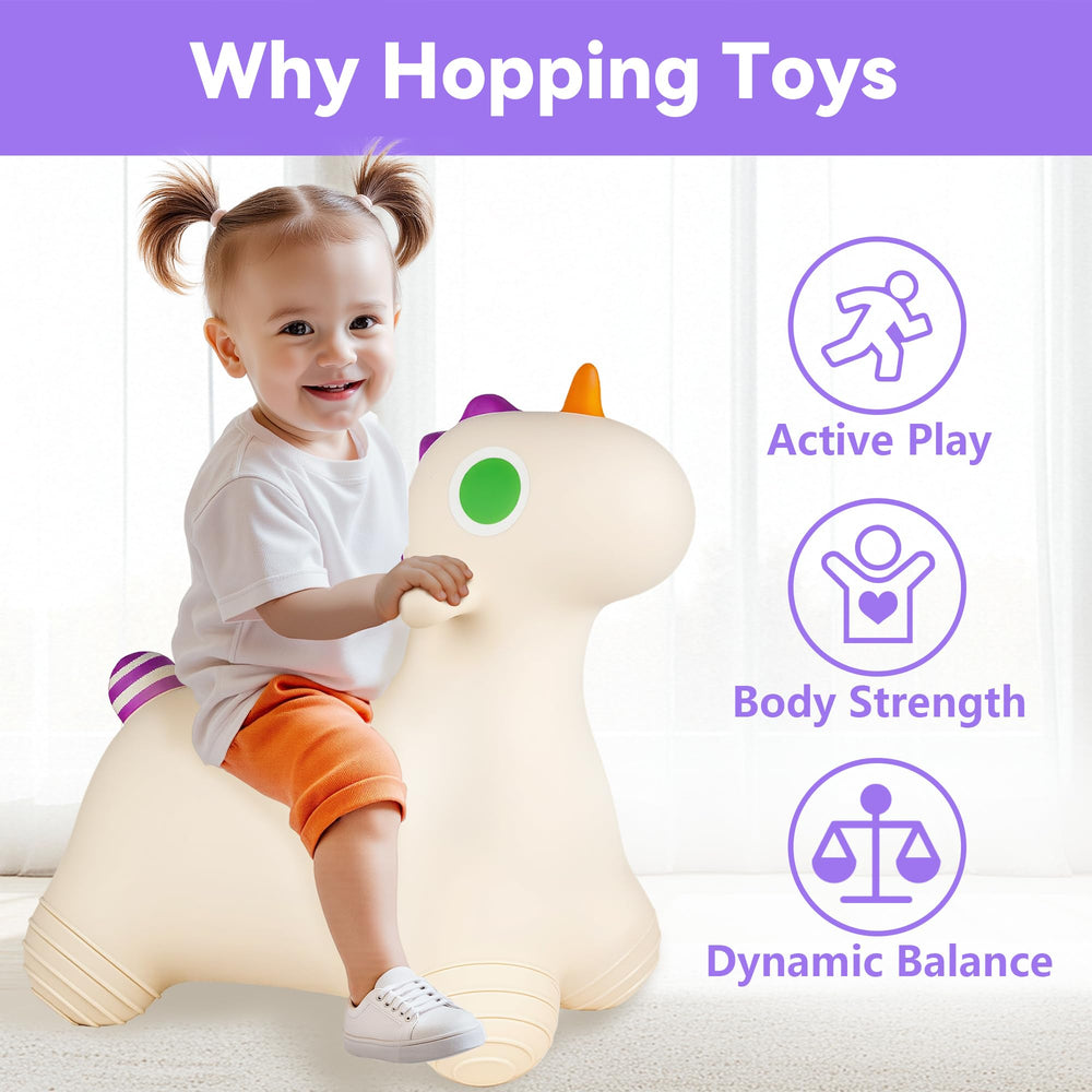 Bouncy Pals Unicorn Hopping Horse side view highlights sturdy handles for beginners.