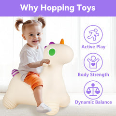 Bouncy Pals Unicorn Hopping Horse side view highlights sturdy handles for beginners.