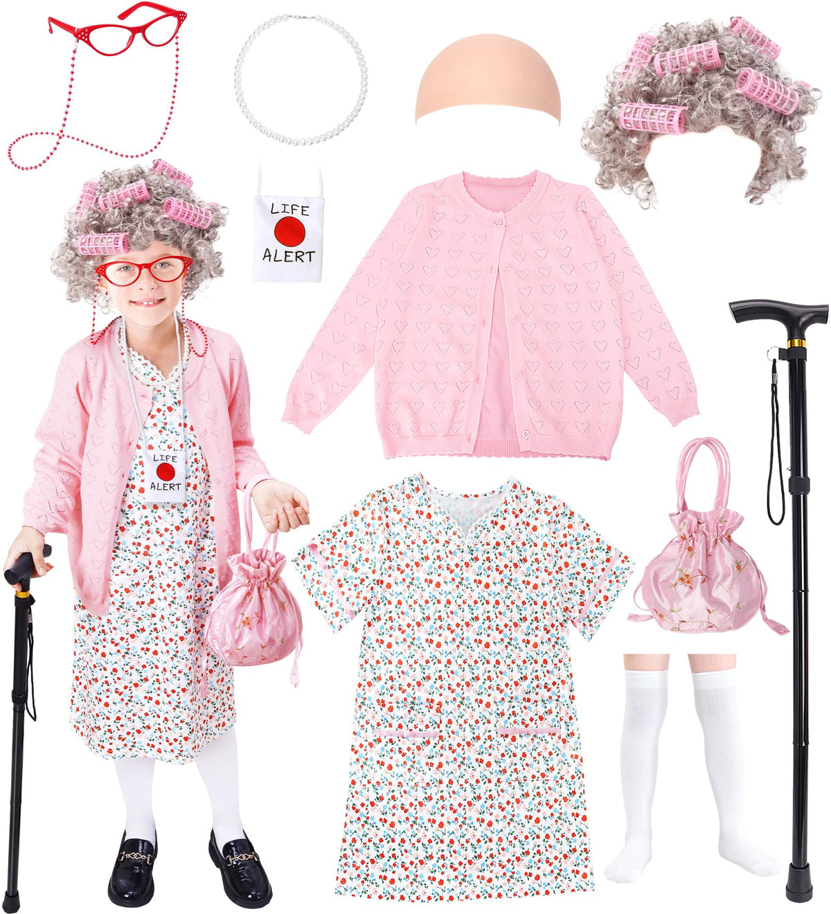 Boutrele old lady dress with floral pink pattern for kids' 100 Days costume