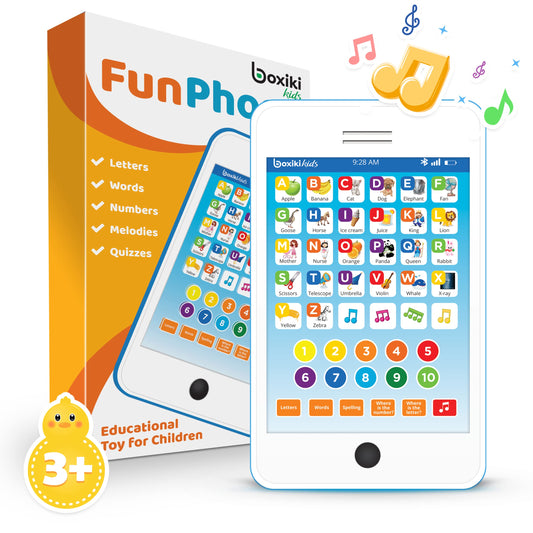 Boxiki Kids 6-in-1 phone toy front view highlighting toddler-friendly learning