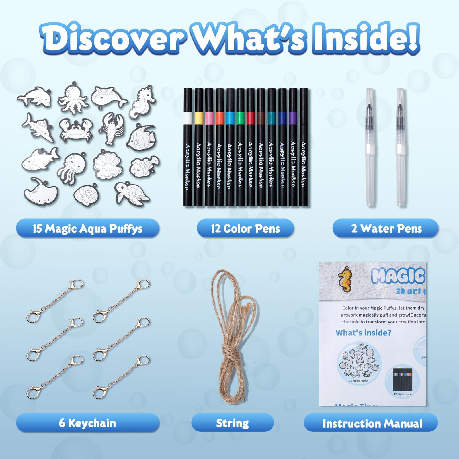 BoxNoble Magic Aqua Puffs Keychains: wearable art once dry