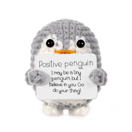 BOXOB mini positive penguin with gray card, a cheerful graduation encouragement.