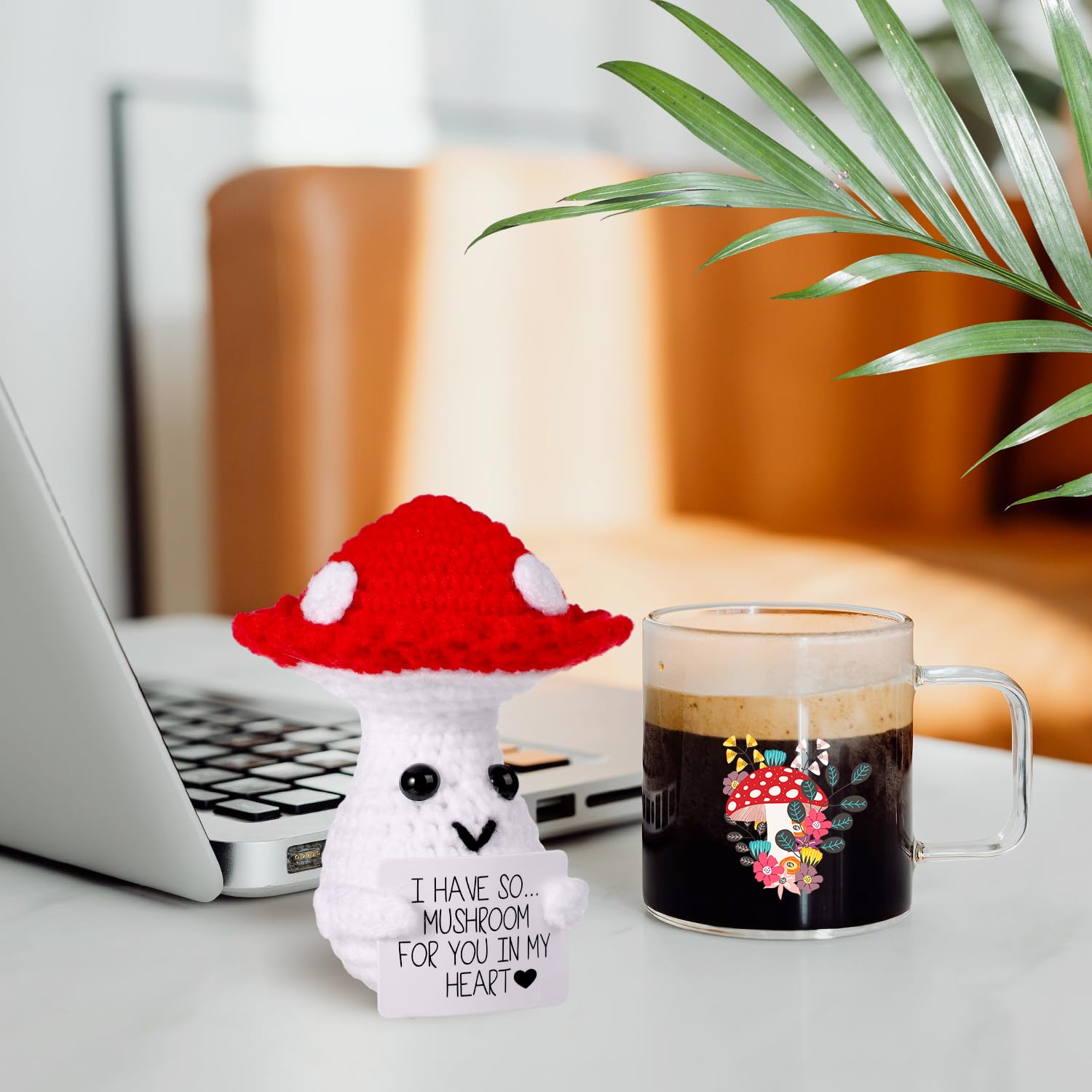 BOXOB mushroom doll decor for desk or shelf, cute and mood-lifting.